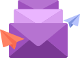 Enveloppe violette avec icône d'envoi de SMS bleu et orange