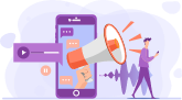 Purple phone showing a hand holding an orange megaphone