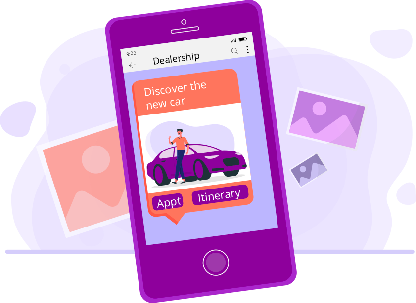 Purple phone showing a message with a picture of a new car with a meeting proposal