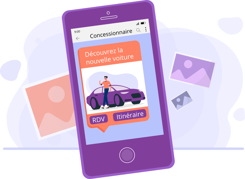 Téléphone violet montrant un message avec photo d'une nouvelle voiture avec proposition de rendez-vous