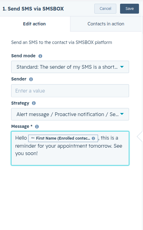 Completed SMSBOX action form