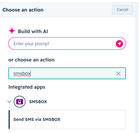 Send SMS via SMSBOX action in the actions panel