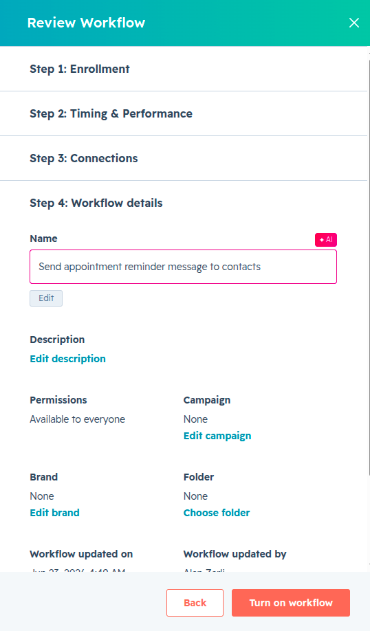 Turning on the workflow and naming it