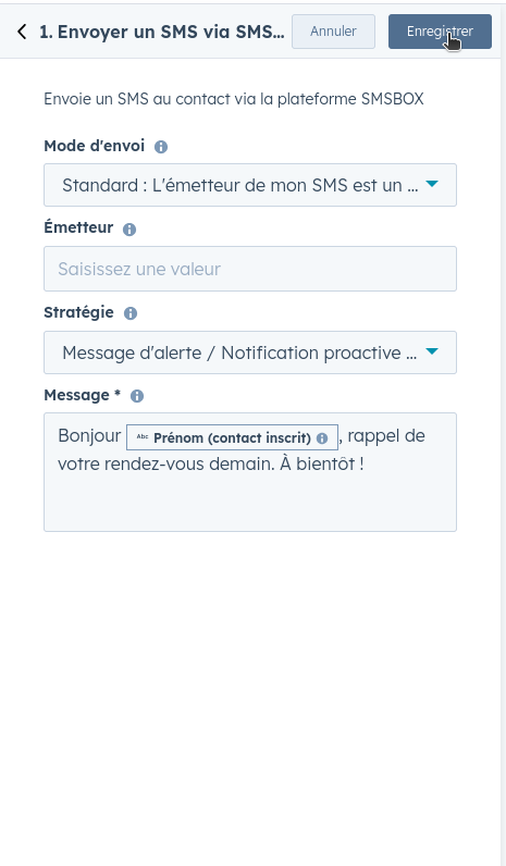 Formulaire de l'action SMSBOX rempli