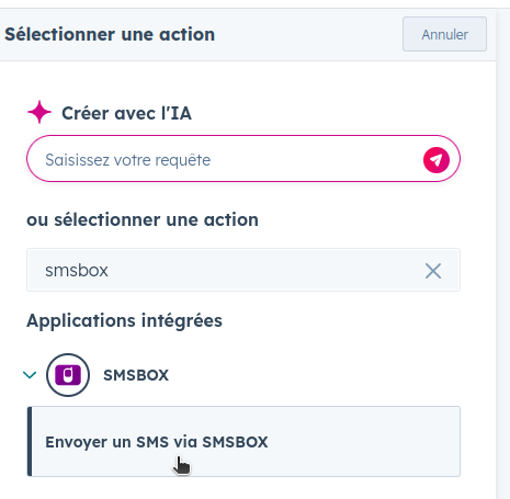 Action Envoyer un SMS via SMSBOX dans le panneau d'actions