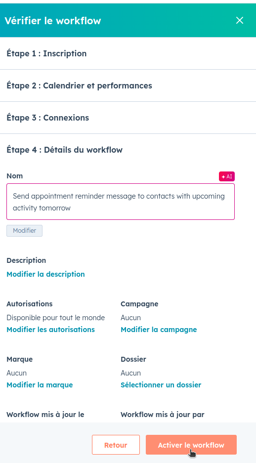 Activation du workflow et saisie du nom