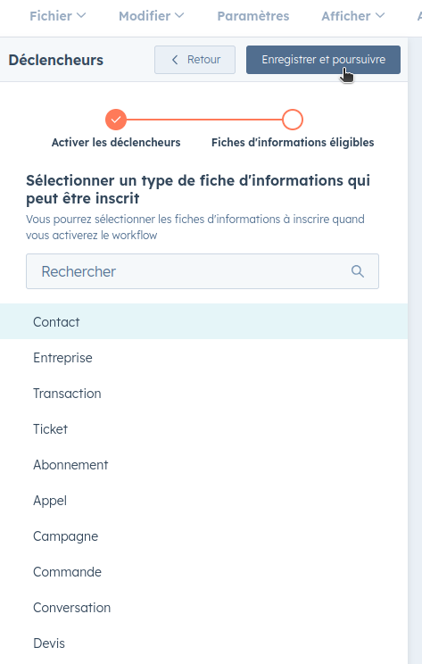 Sélection de l'objet déclencheur du workflow
