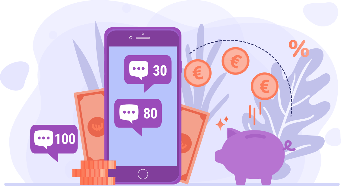 Illustration tarifs d'envoi SMS sur téléphone violet